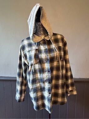 Plaid Button-Down Hooded Shirt Jacket - Blue & Cream